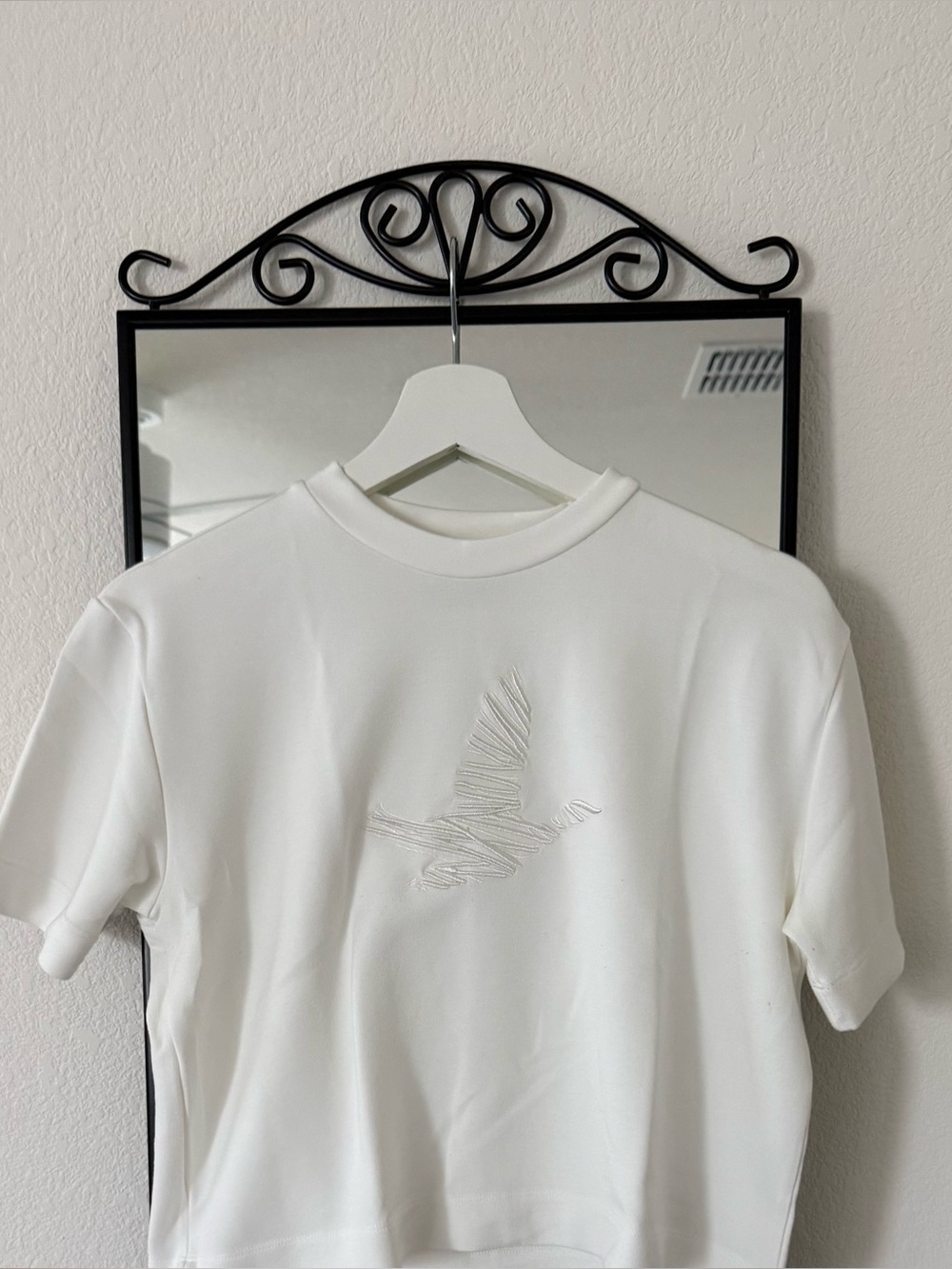 Cream  Embroidered Crane Short-Sleeve Shirt